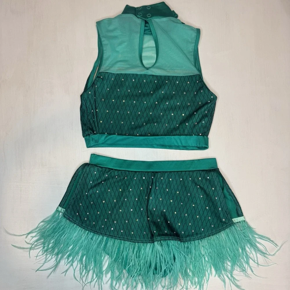 Weissman Elite Dance Costume SA Rhinestones & Ostrich Feathers Teal Bow 2pc Set